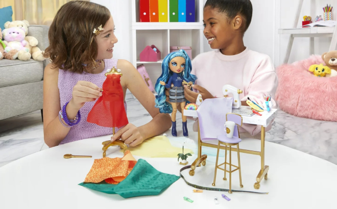 Two Girls Playing with Rainbow High Dream Design Fashion Studio Playset