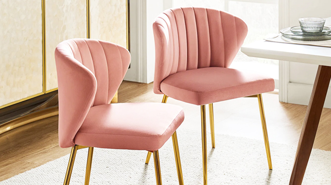 Two Tufted Velvet Dining Chairs in Pink Velvet Color