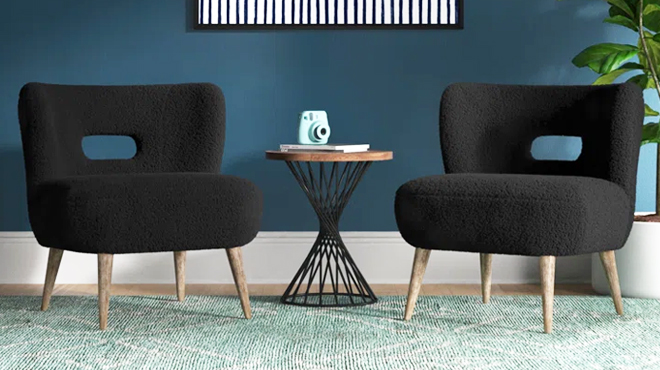 Two Wooden Upholstered Side Chairs with Cutout Back in Black