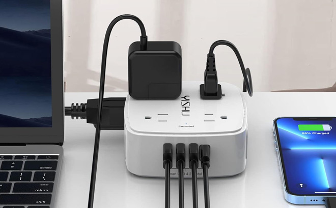 Various Devices Connected to the Surge Protector Power Strip