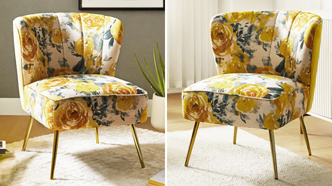 Velvet Side Chair in Yellow Floral Color