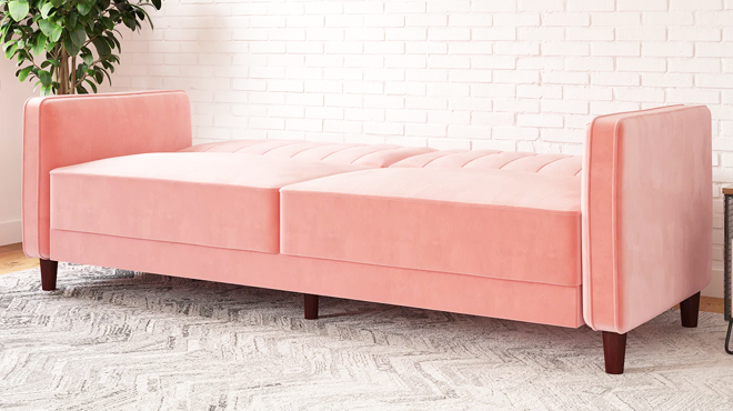 Velvet Square Arm Convertible Sofa in Pink Color