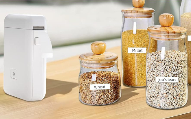 Vretti Label Maker Machine Beside Labeled Glass Storage Containers