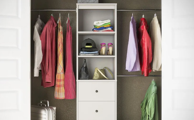 White Closet System with Clothes Shoes and Bags