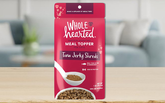 Wholehearted Tuna Jerky Shreds Cat Meal Topper on a Table
