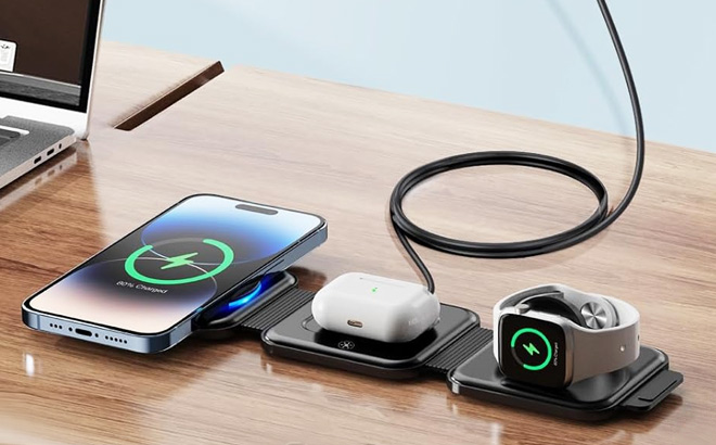Wireless 3 in 1 Charging Station on TAble