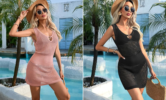 Womens Sleeveless Crochet Beach Cover Up Dress in Pink and Black