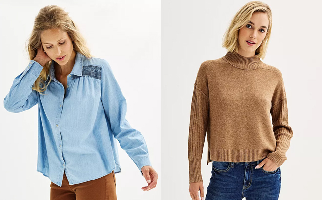 Womens Sonoma Goods For Life Femme Button Through Shirt and Juniors SO Cozy Mock Neck Sweater