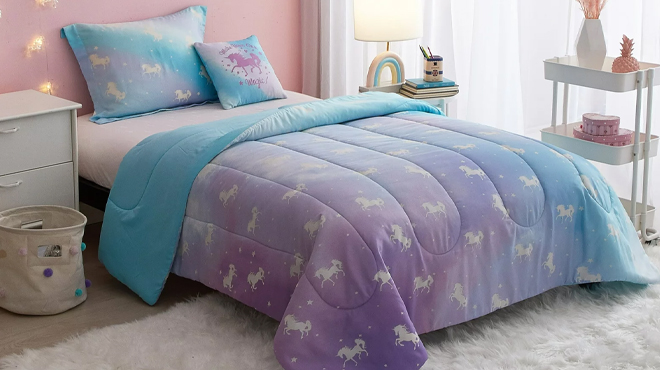 Your Zone Rainbow Unicorn 5 Piece Glow In the Dark Comforter Set 1