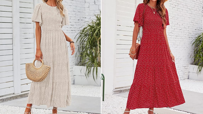 Zesica Womens High Waist Flowy Maxi Dress in Beige on the left and Red on the Right