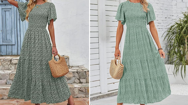 Zesica Womens High Waist Flowy Maxi Dress in Dark Green on the Left and Sage Colors
