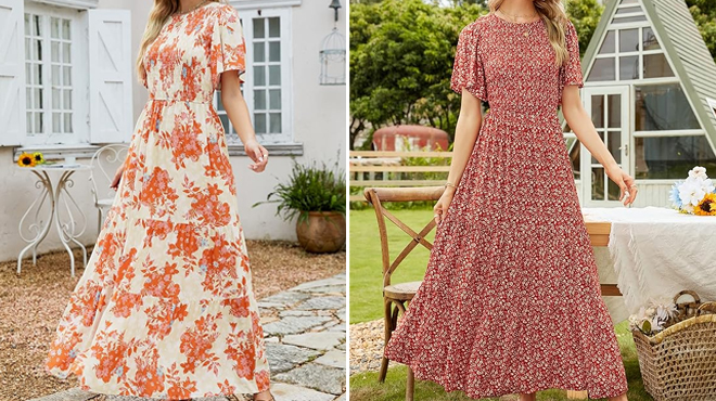 Zesica Womens High Waist Flowy Maxi Dress in Tangerine and Orange Red Colors