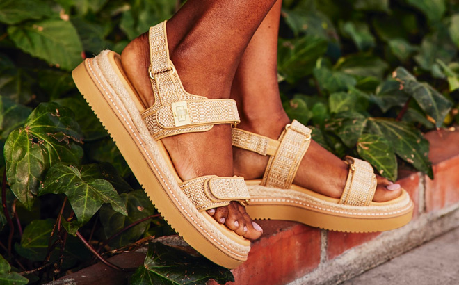 a Person Wearing Crown Vintage Kane Platform Sandals a Person Wearing Crown Vintage Kane Platform Sandals