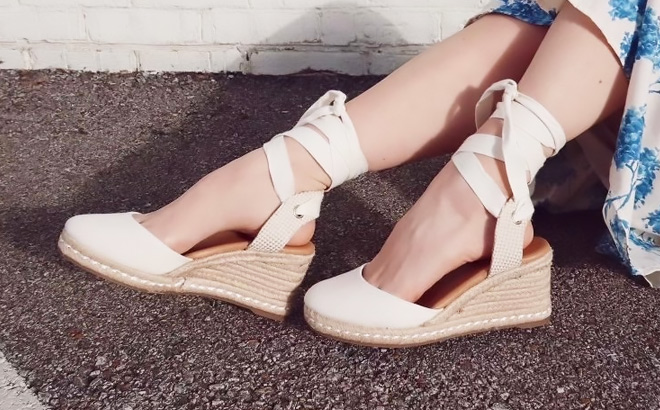 a Person Wearing Kelly Katie Goldie Espadrille Wedge Sandals