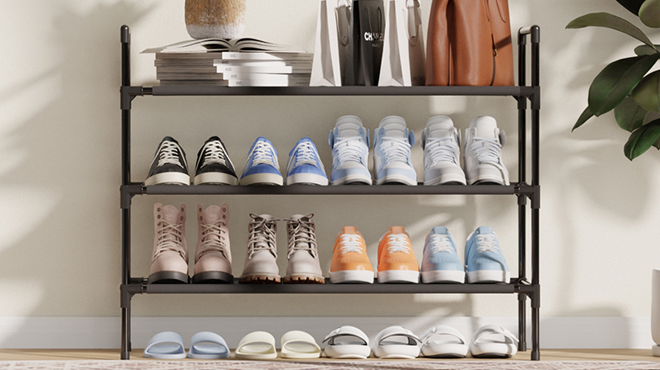 3 Tier Entryway Shoe Storage Rack Filled with Shoes Bags and Books