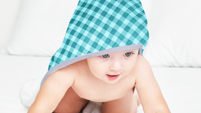 A Baby Wearing Plaid Hooded Bath Towel