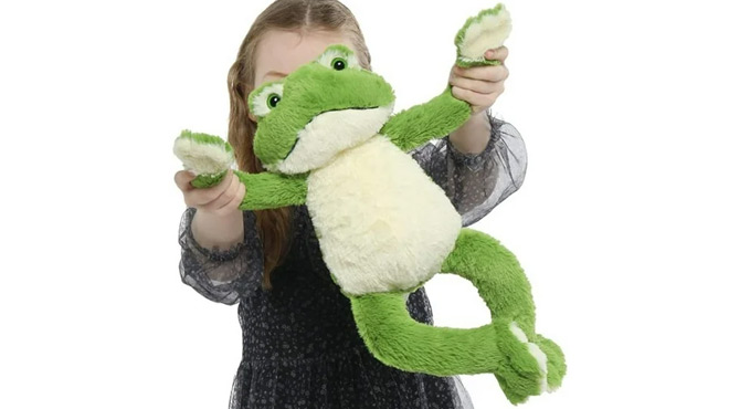 A Child Playing with a MaoGoLan 17 7 Plush Frog Stuffed Animal