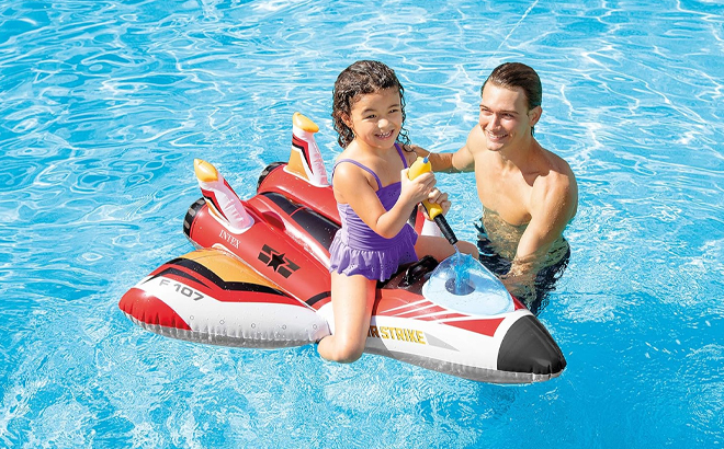 A Girl Playing on the Intex Inflatable Water Gun Plane Ride On