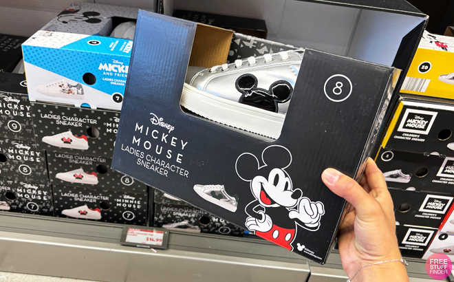 A Person Holding Disney Ladies Character Court Sneakers Silver Mickey