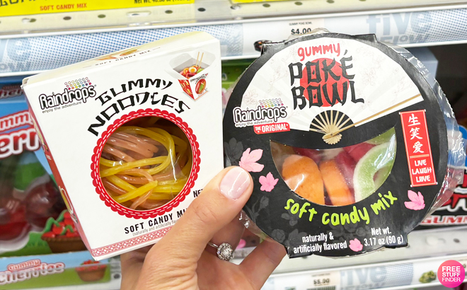 A Person Holding Raindrops Gummy Noodles and Raindrops Gummy Poke Bowl