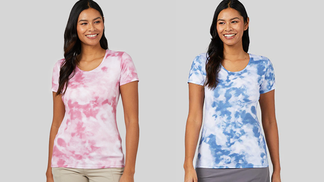 A Person Wearing 32 Degrees Cool Printed T Shirts in Rose and Blue Colors
