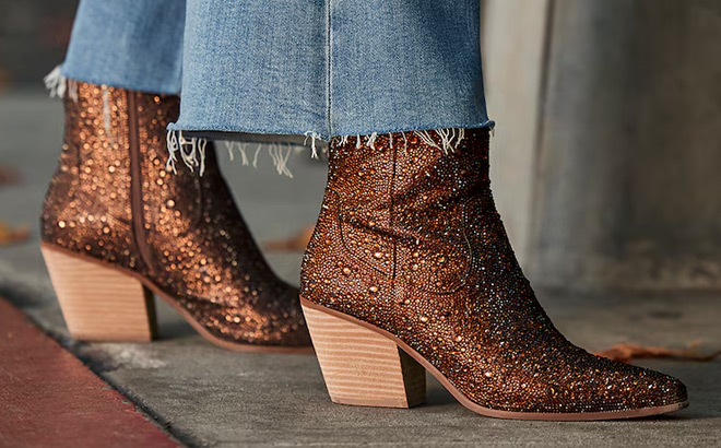 A Person Wearing Betsey Johnson Emory Rhinestone Western Boots A Person Wearing Betsey Johnson Emory Rhinestone Western Boots
