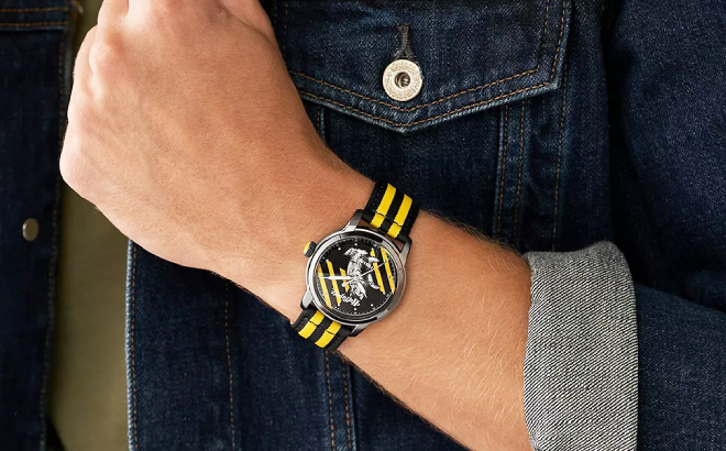 A Person Wearing Fossil x Harry Potter Three Hand Hufflepuff Nylon Watch