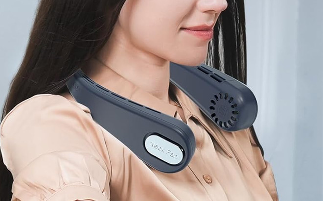 A Person Wearing Portable Neck Fan in Blue Color