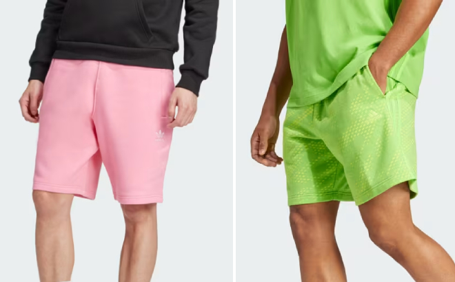 Adidas Mens Pink Shorts and All Szn Snack Attack Mens French Terry Shorts