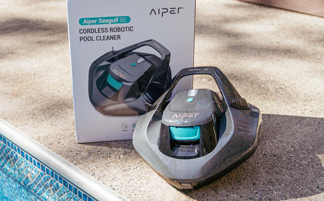 Aiper Cordless Robotic Pool Cleaner Next to a Pool