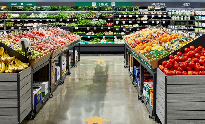 Amazon Fresh Store with Fruits and Vegetables on Shelves