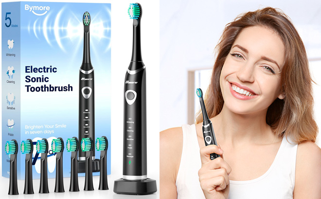 Bymore Electric Toothbrush for Adults Travel Sonic Toothbrush with 8 Replacement Heads