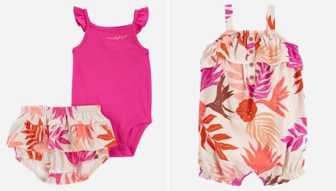 Carters Baby 2 Piece Flutter Bodysuit Tropical Diaper Cover Set and Baby Tropical Tank Romper