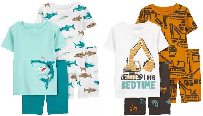 Carters Baby Toddler Boys 4 Piece Shark Print Shirts Shorts Pajama Set and Construction Print Shirts Shorts Pajama Set Carters Baby Toddler Boys 4 Piece Shark Print Shirts Shorts Pajama Set and Construction Print Shirts Shorts Pajama Set