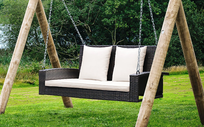 Costway 2 Person Patio Rattan Hanging Porch Swing Bench Chair Costway 2 Person Patio Rattan Hanging Porch Swing Bench Chair