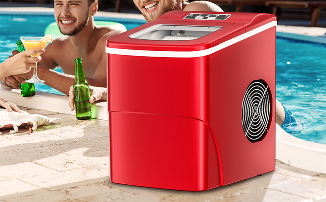 Countertop Ice Maker in the Color Red by the Pool