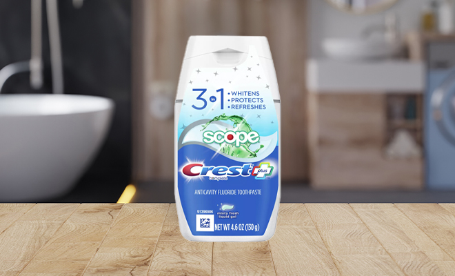 Crest Complete Plus Scope 3 In 1 Whitening Liquid Gel Toothpaste 4 6 oz on a Bathroom Counter Crest Complete Plus Scope 3 In 1 Whitening Liquid Gel Toothpaste 4 6 oz on a Bathroom Counter