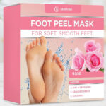 Dermora Foot Peel Mask with Rose Scent on a Table