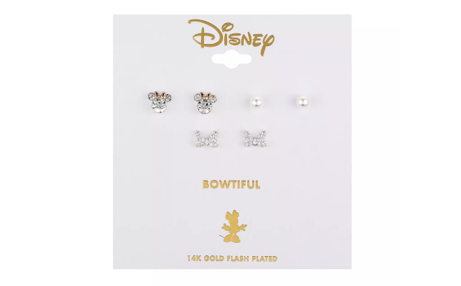 Disney Minnie Mouse Bow Two Tone Simulated Pearl Stud Earring Trio Set