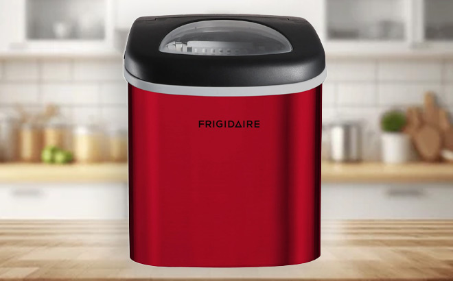 Frigidaire Ice Maker in Red on Kitchen Desk Frigidaire Ice Maker in Red on Kitchen Desk