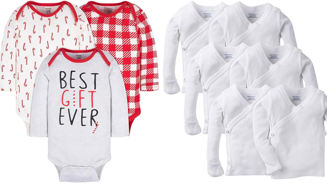 Gerber Baby 3 Pack Baby Onesies on the left and Gerber Baby 6 Pack Side Snap Mitten Cuff Shirt on the right