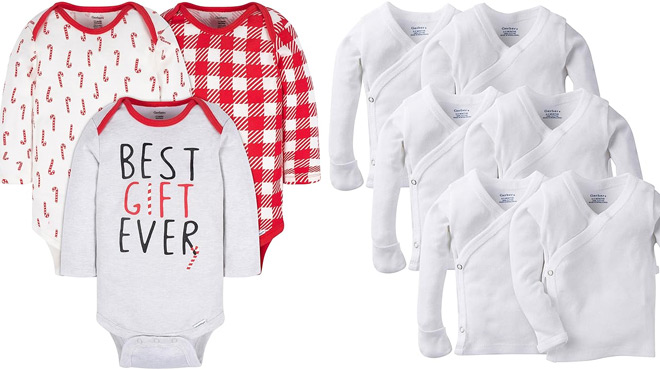 Gerber Baby 3 Pack Baby Onesies on the left and Gerber Baby 6 Pack Side Snap Mitten Cuff Shirt on the right Gerber Baby 3 Pack Baby Onesies on the left and Gerber Baby 6 Pack Side Snap Mitten Cuff Shirt on the right
