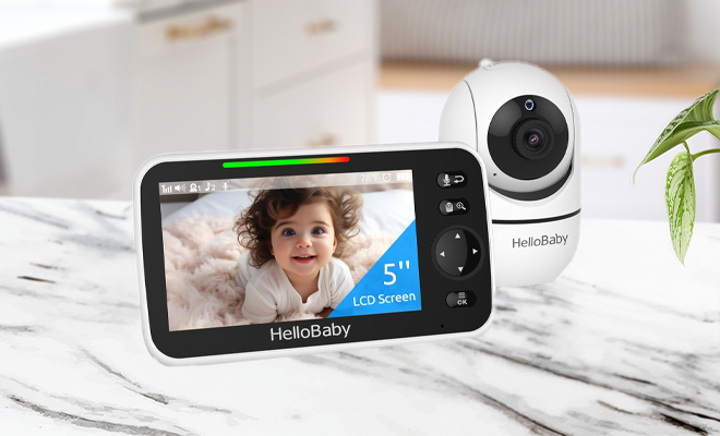HelloBaby 5 Inch Screen Video Baby Monitor on a Counter