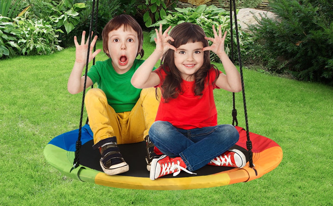 Kids on a 40 Inch Flying Saucer Tree Swing