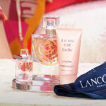 Lancome Special Edition La Vie Est Belle Set with Scarf on a Product Stand