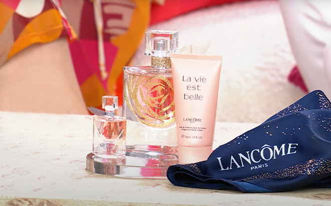 Lancome Special Edition La Vie Est Belle Set with Scarf on a Product Stand