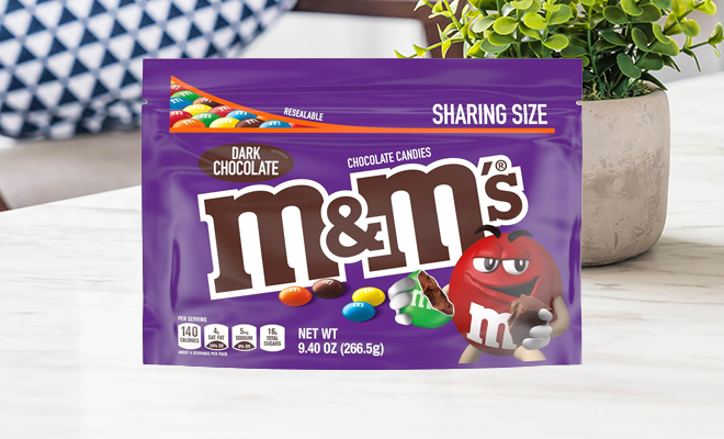MMS Dark Chocolate Candy Sharing Size Resealable Candy Bag on a Table