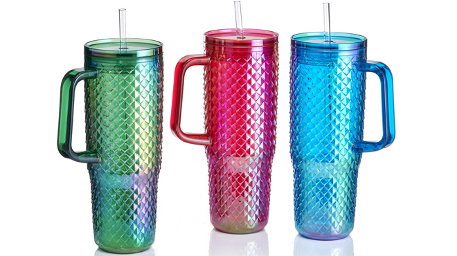 Mainstays 30 Ounce Textured Tumblers with Straw and Handle