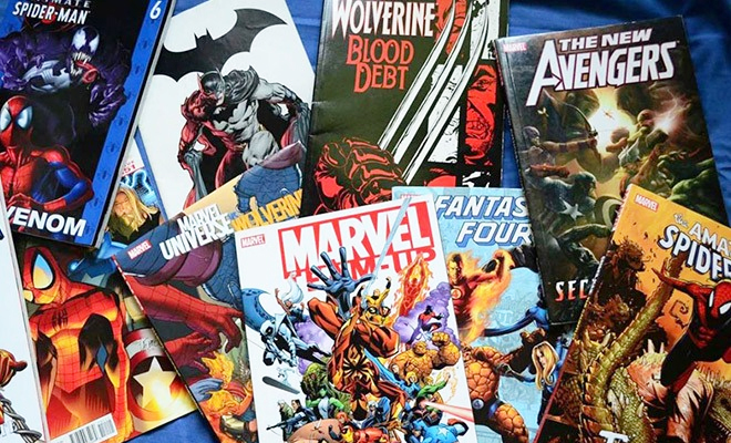 Multiple Comic Books on a Blue Background