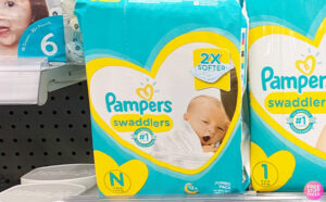 Pampers Swaddlers Diapers for Newborn on the Shelf